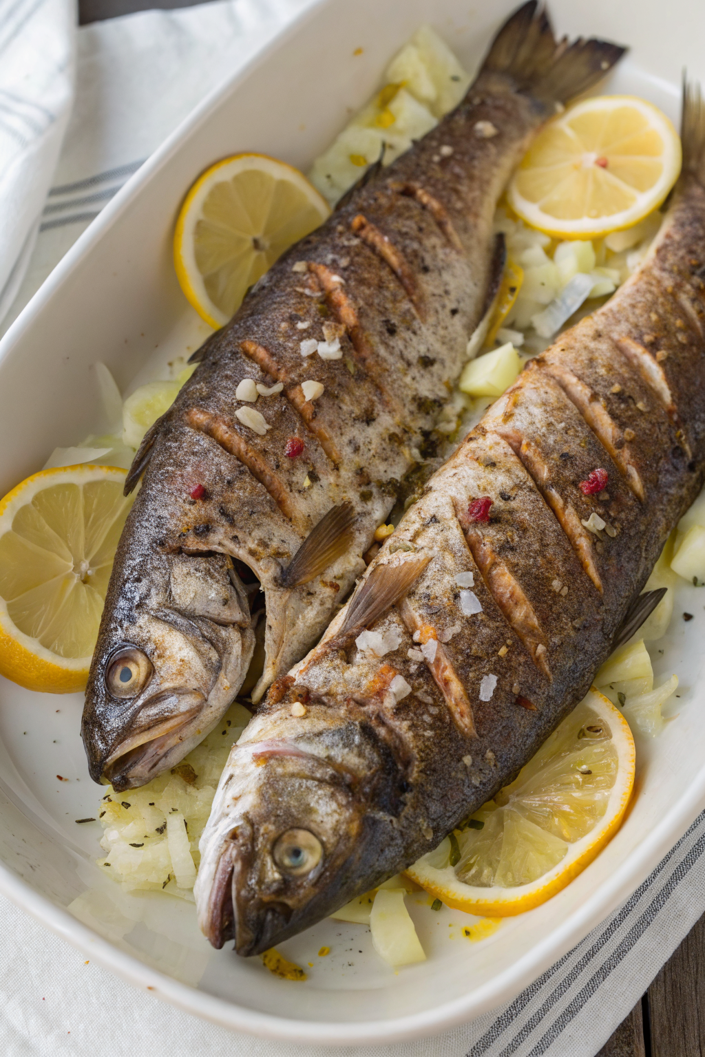 Oven Baked Mediterranean Branzino with potatoes and veggies