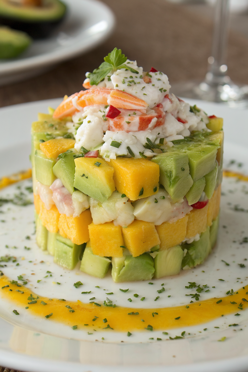 Crab Avocado Towers with Mango Lime-Cilantro Vinaigrette