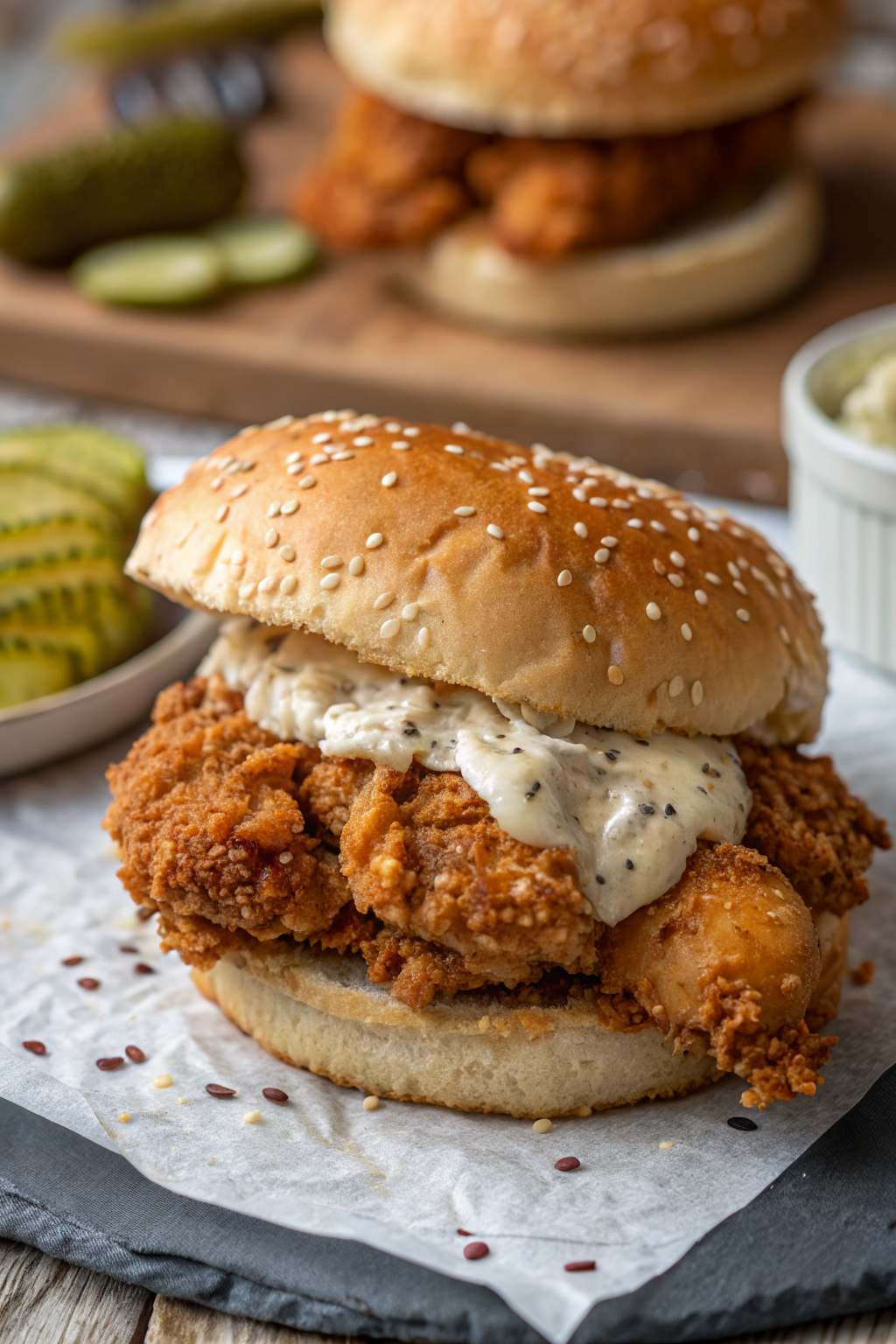 Crispy Chicken Sandwich with Pickles and Ranch Dressing