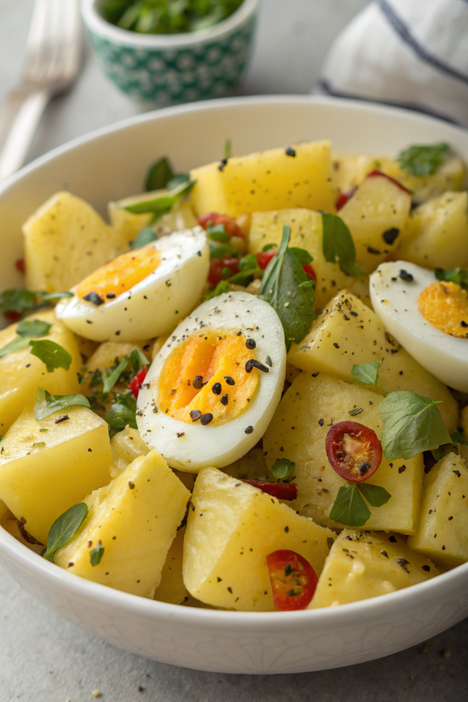 Garlic Roasted Potato Spinach Salad with Eggs