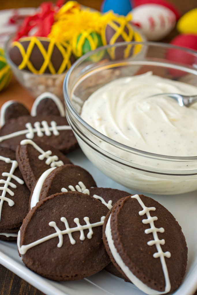 Super Bowl Chocolate Football Cookies with a Cream Cheese Frosting Dip