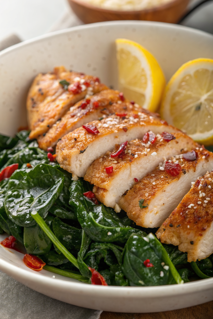 Asado Chicken Breasts with Sautéed Garlic Spinach