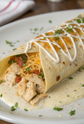 Baked Chicken Burritos with Cheesy Green Chili Sauce