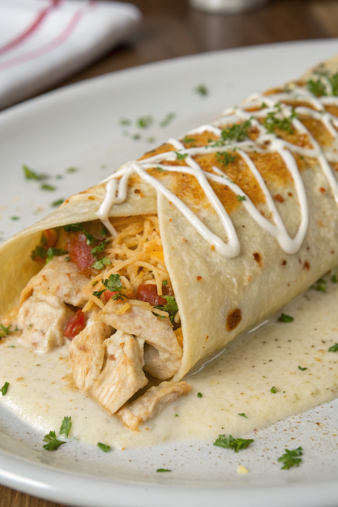 Baked Chicken Burritos with Cheesy Green Chili Sauce