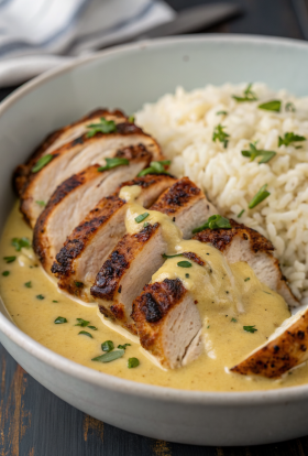 Creamy Herb Chicken with Green Beans Steamed Rice