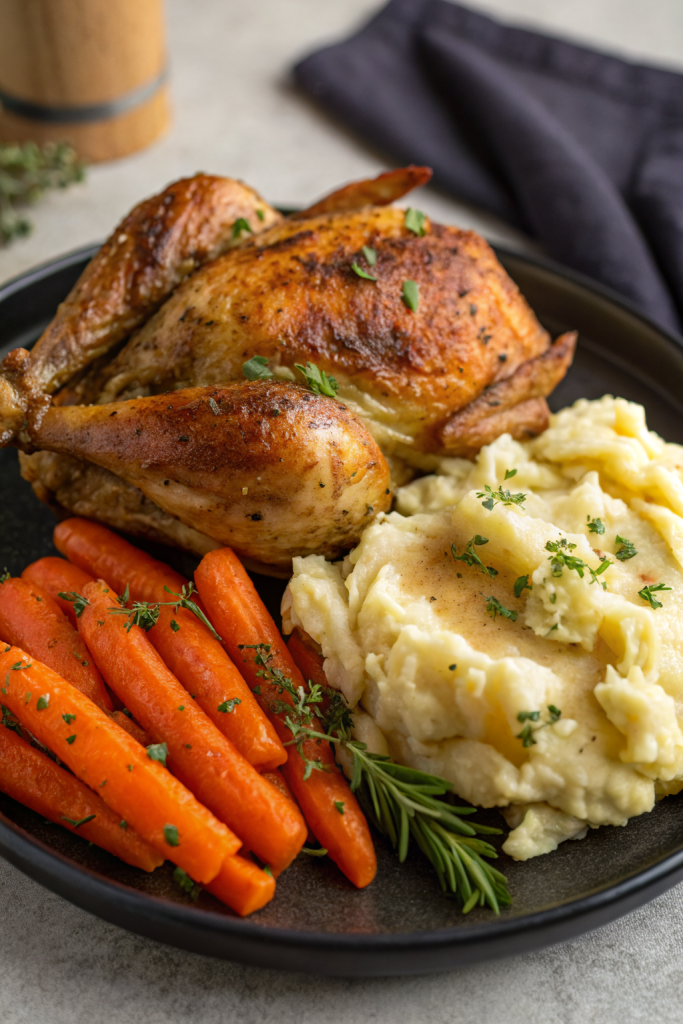 Creamy Herb Chicken with Mashed Potatoes Glazed Carrots