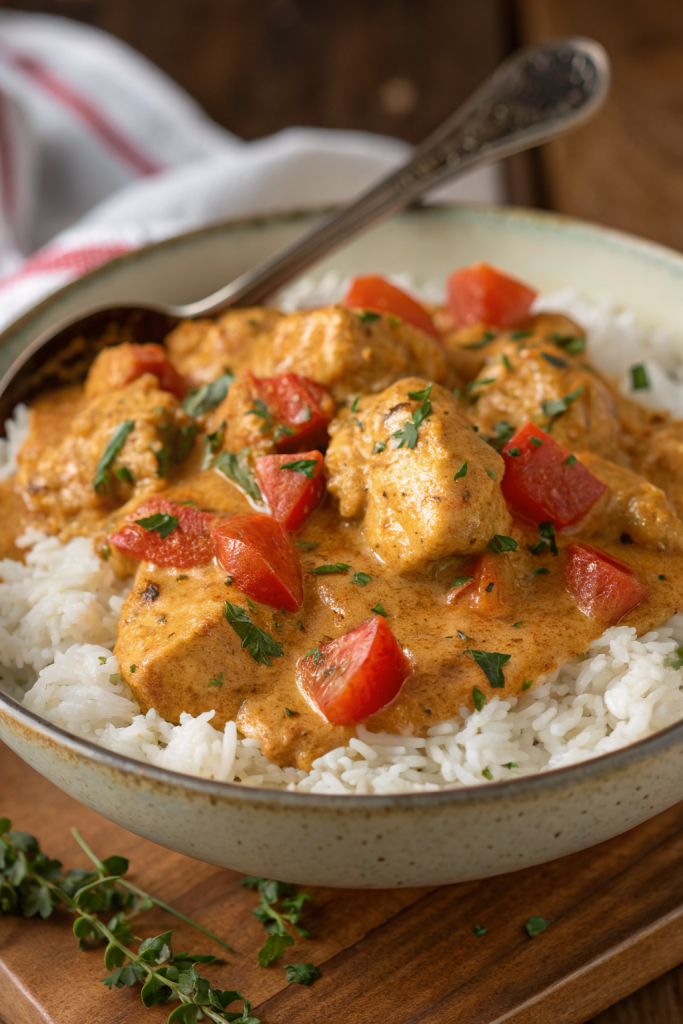 Creamy Paprika Chicken with Rice in a Velvety Sauce