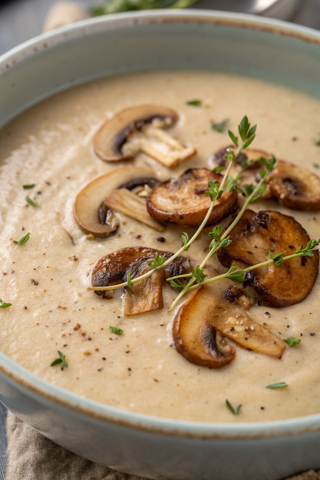 Creamy Wild Rice Chicken Soup with Roasted Mushrooms