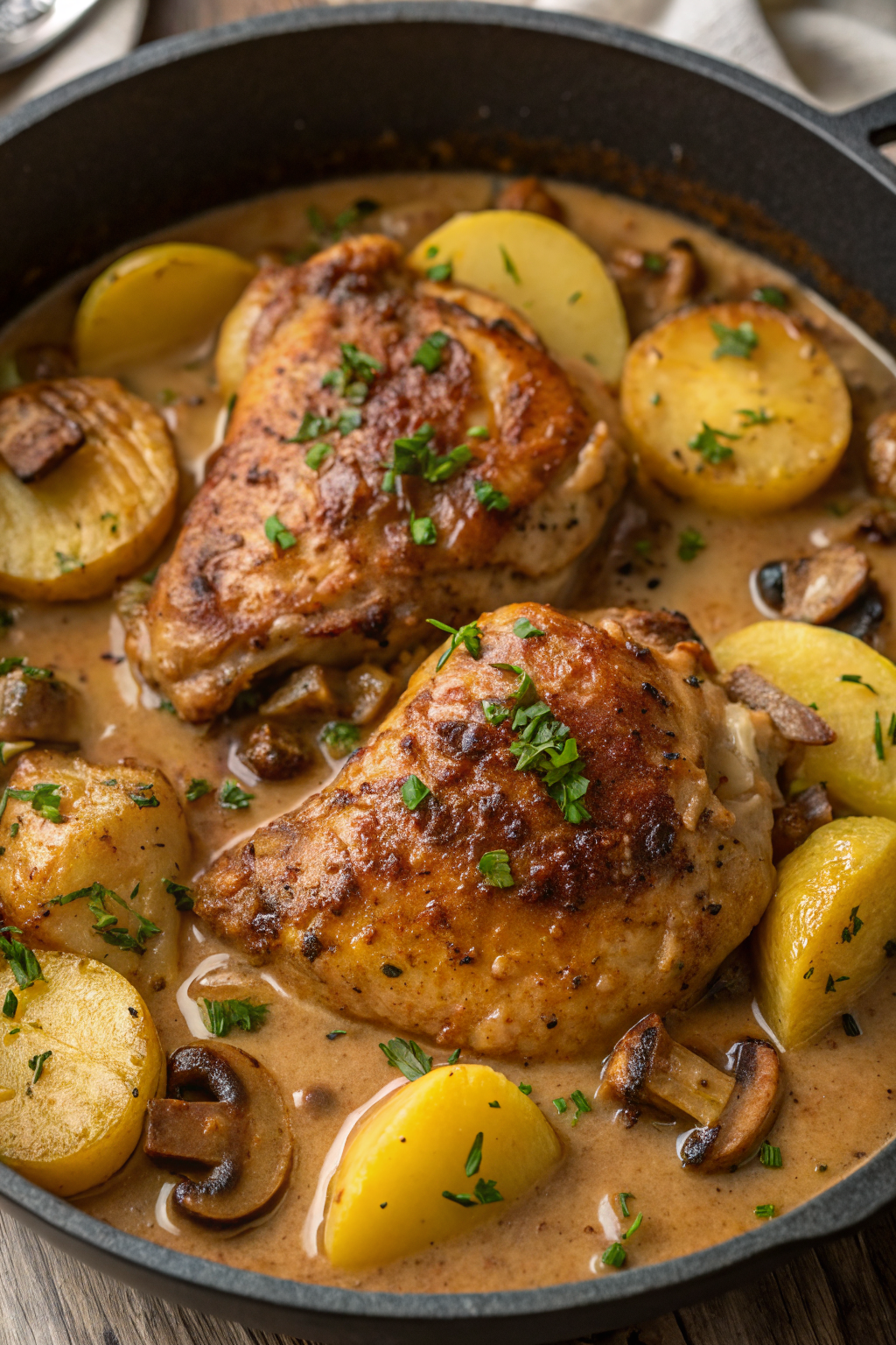 Herb Roasted Chicken in Creamy White Sauce with Mushroom and Potatoes