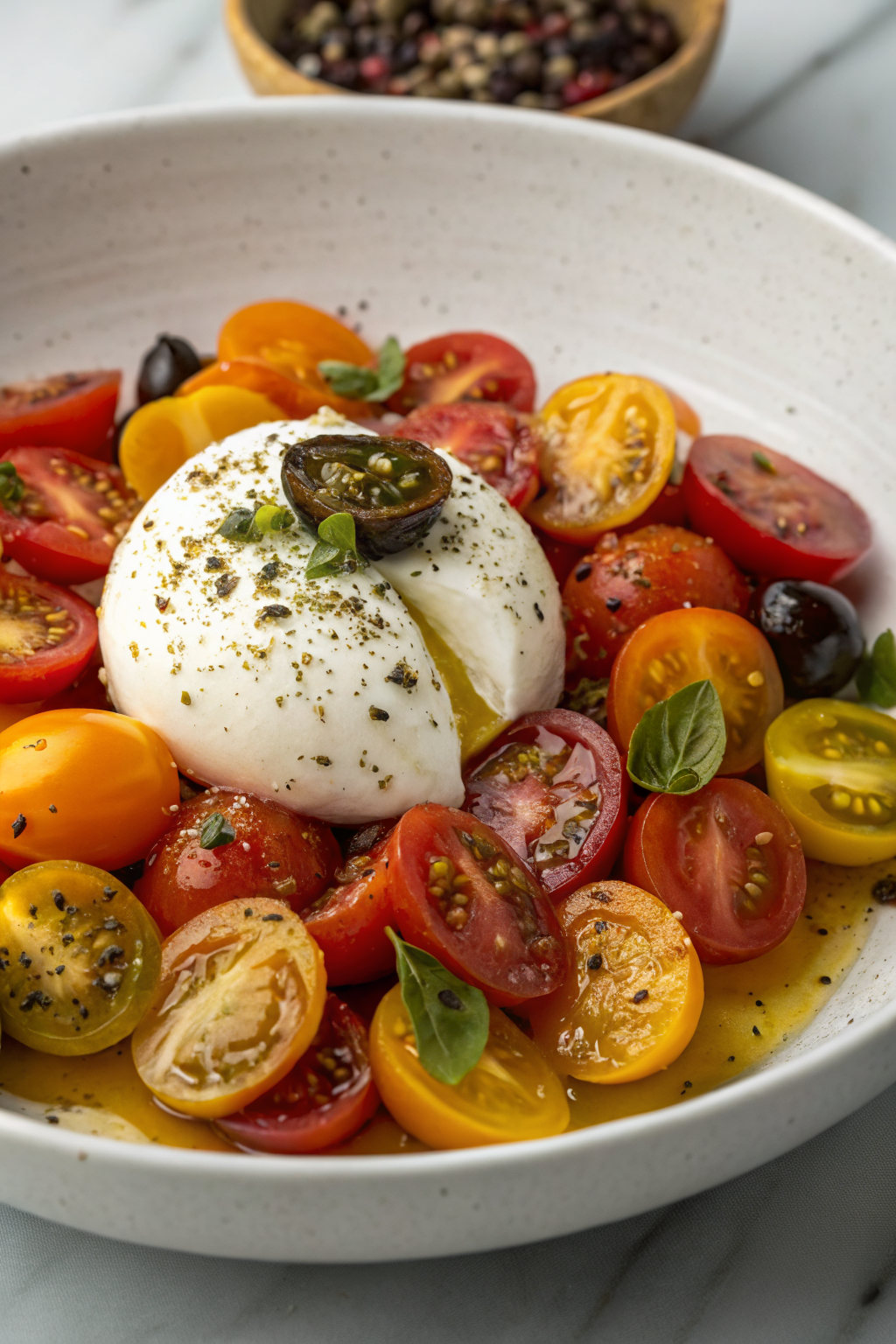 Marinated Tomato and Burrata Salad with Balsamic Glaze