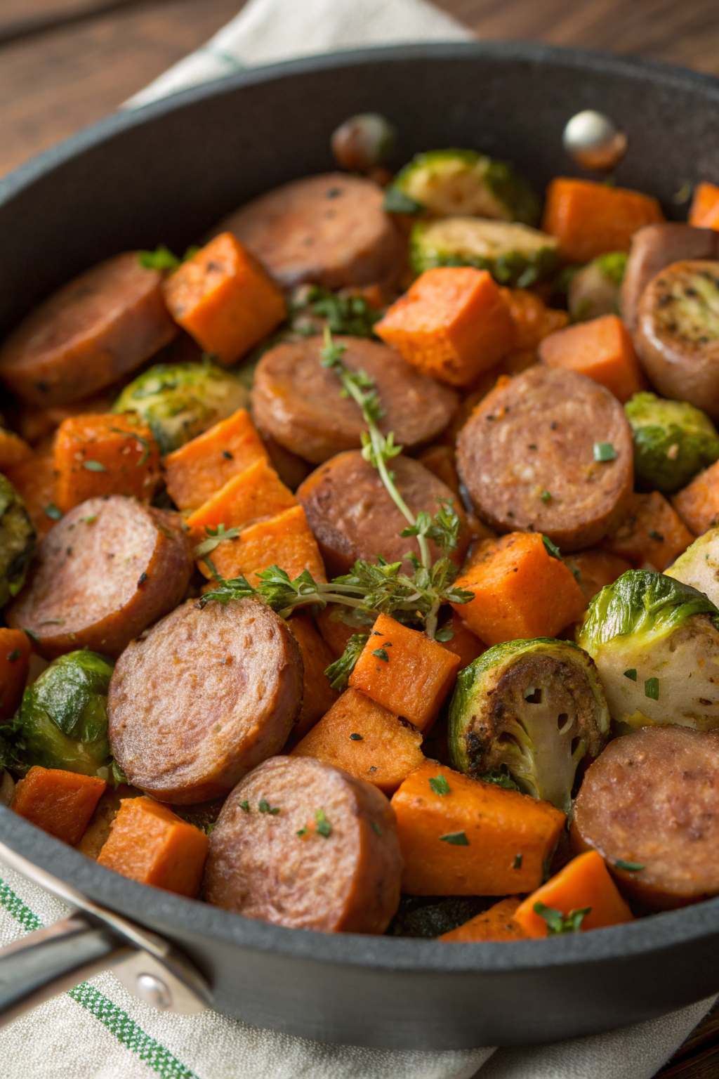 Sausage Veggies Skillet with Butternut Squash Brussels Sprouts.