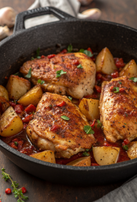 Garlic Butter Chicken Thighs with Baby Potatoes Skillet Recipe