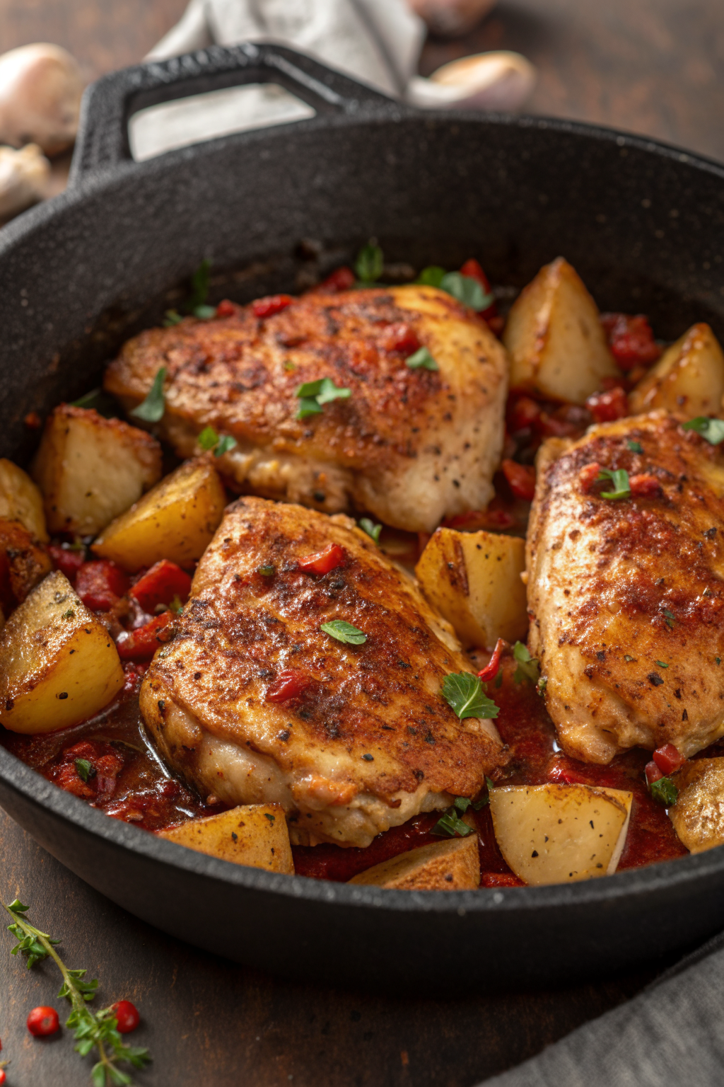 Garlic Butter Chicken Thighs with Baby Potatoes Skillet Recipe