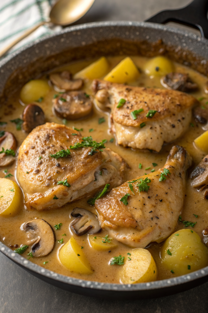 Herb Roasted Chicken in Creamy White Sauce with Mushroom Potatoes