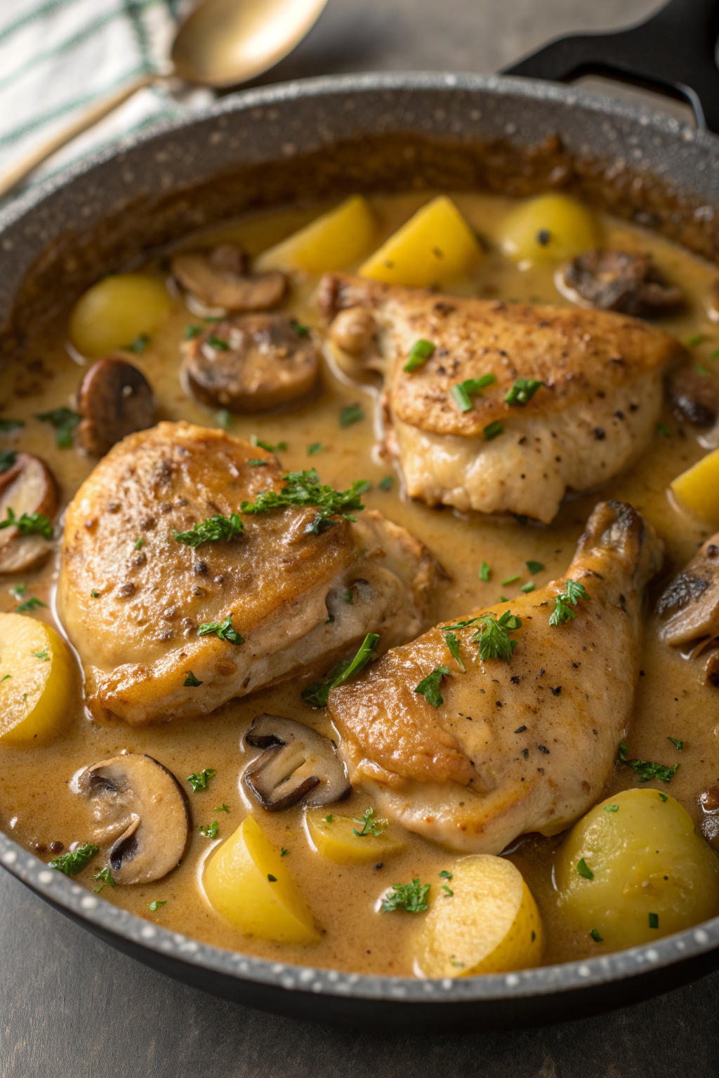 Herb Roasted Chicken in Creamy White Sauce with Mushroom Potatoes