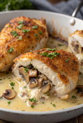 Cheesy Garlic Butter Mushroom Stuffed Chicken Recipe