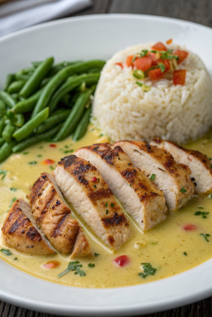 Creamy Herb Chicken with Green Beans Steamed Rice