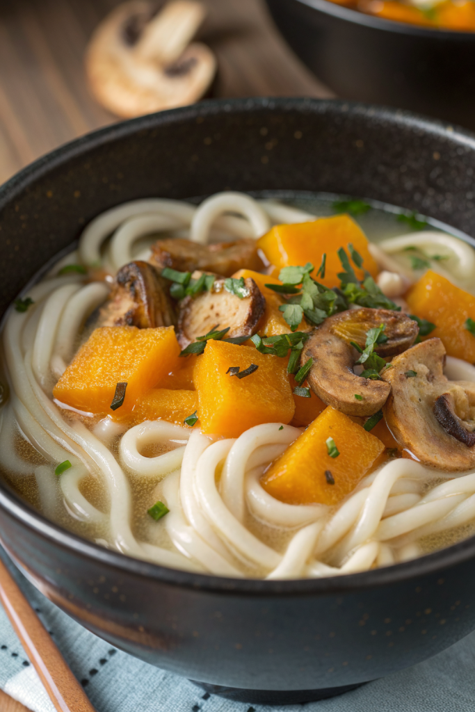 Miso Udon Noodle Soup with Teriyaki Mushrooms
