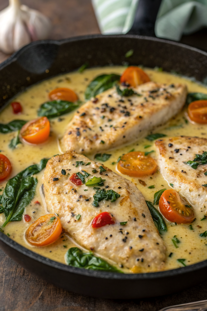 Creamy Pesto Chicken with Roasted Tomatoes & Spinach