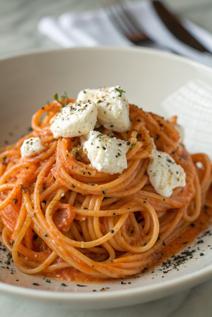 Creamy Red Pepper Pasta with Burrata and Herbs
